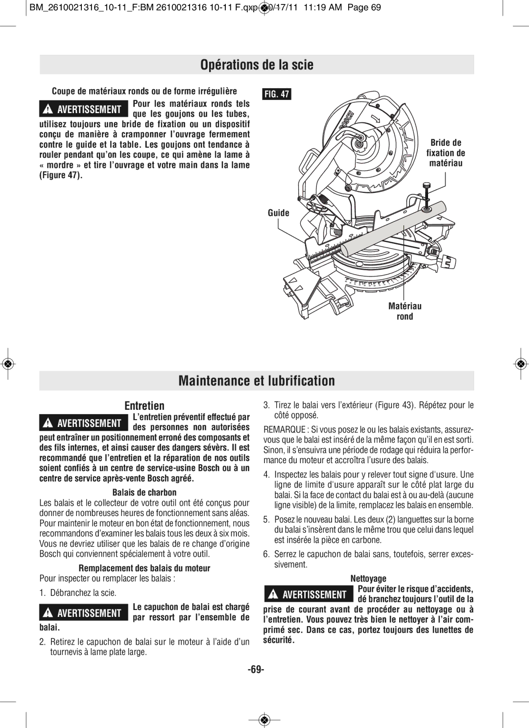 Bosch Power Tools CM12 manual Maintenance et lubrification, Entretien 