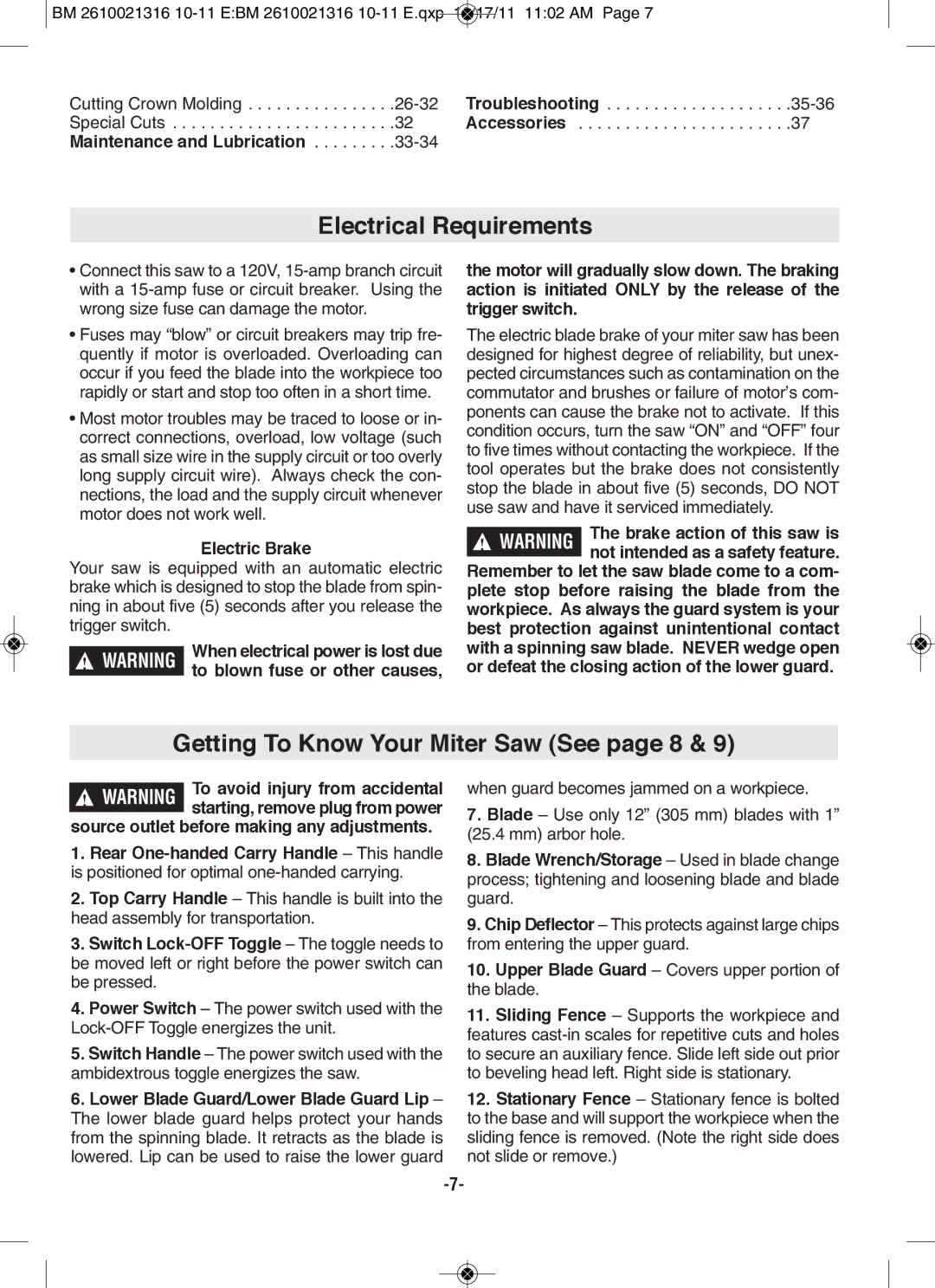 Bosch Power Tools CM12 Electrical Requirements, Getting To Know Your Miter Saw See page 8, Maintenance and lubrication 