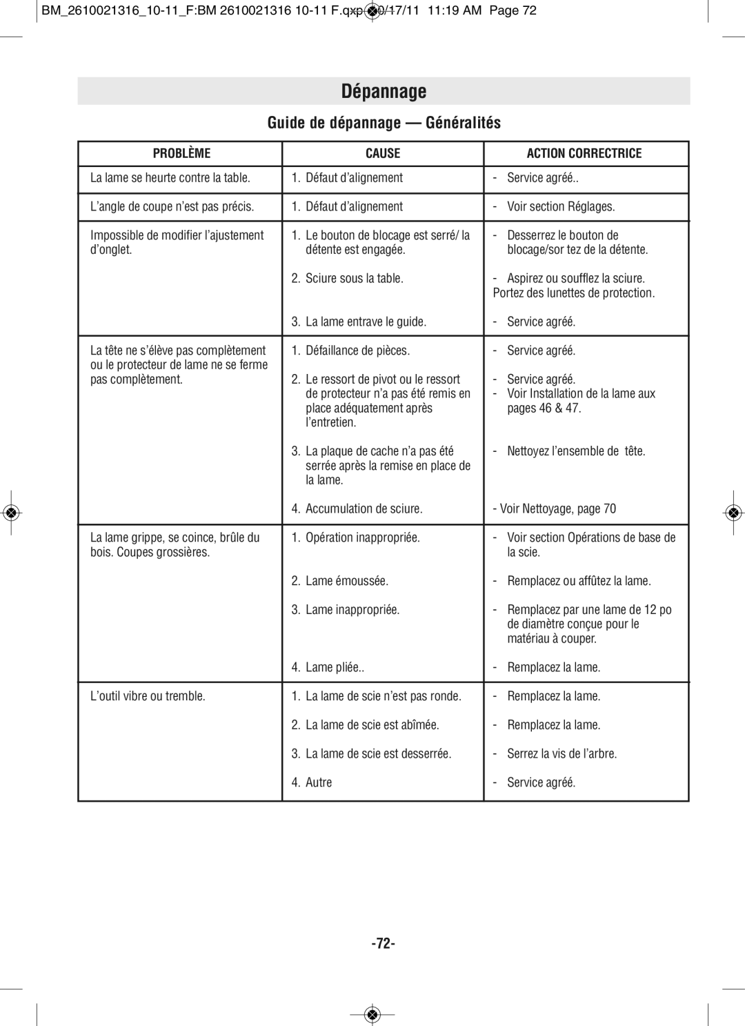 Bosch Power Tools CM12 manual Guide de dépannage Généralités 