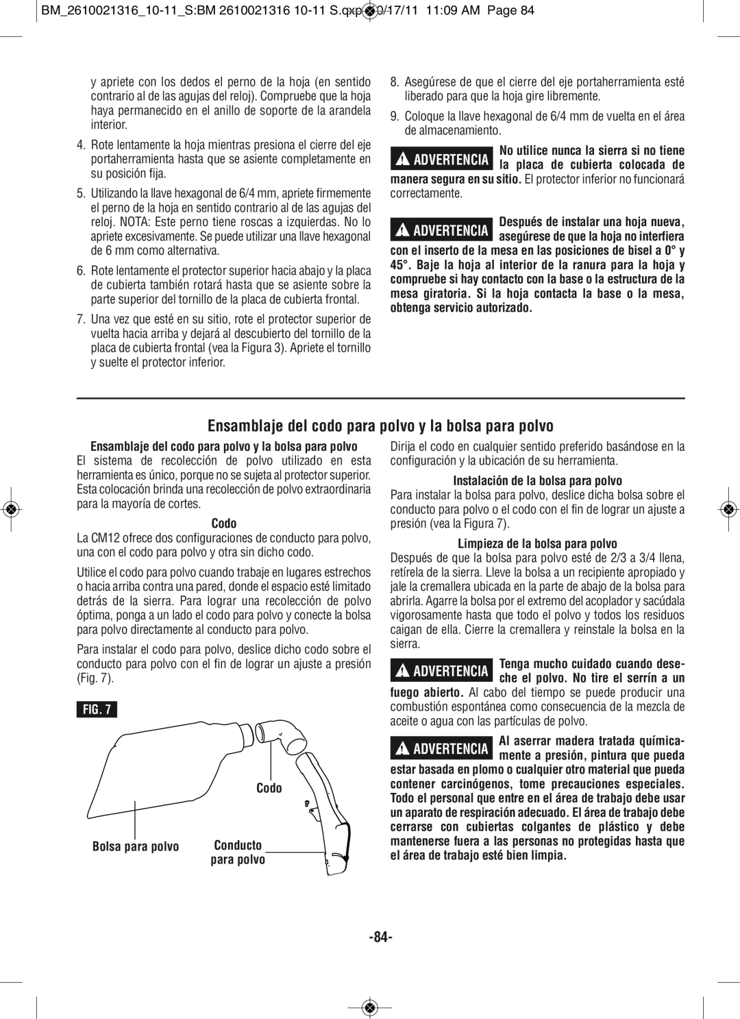 Bosch Power Tools CM12 manual Ensamblaje del codo para polvo y la bolsa para polvo, Codo Bolsa para polvo 