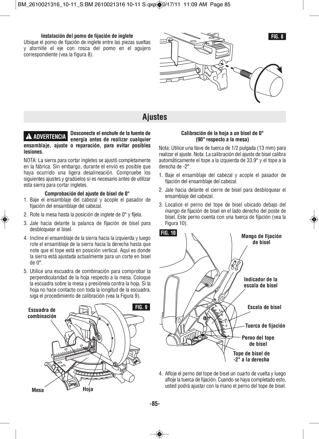 Bosch Power Tools CM12 manual Ajustes, Instalación del pomo de fijación de inglete, Comprobación del ajuste de bisel de 