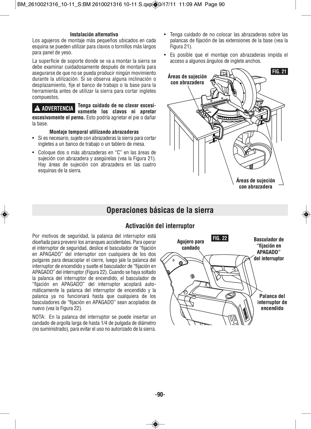 Bosch Power Tools CM12 manual Operaciones básicas de la sierra, Activación del interruptor, Instalación alternativa 