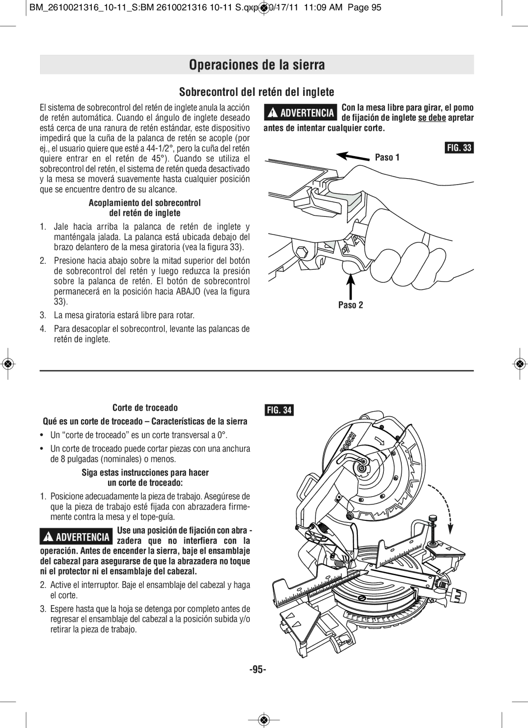 Bosch Power Tools CM12 manual Operaciones de la sierra, Sobrecontrol del retén del inglete 