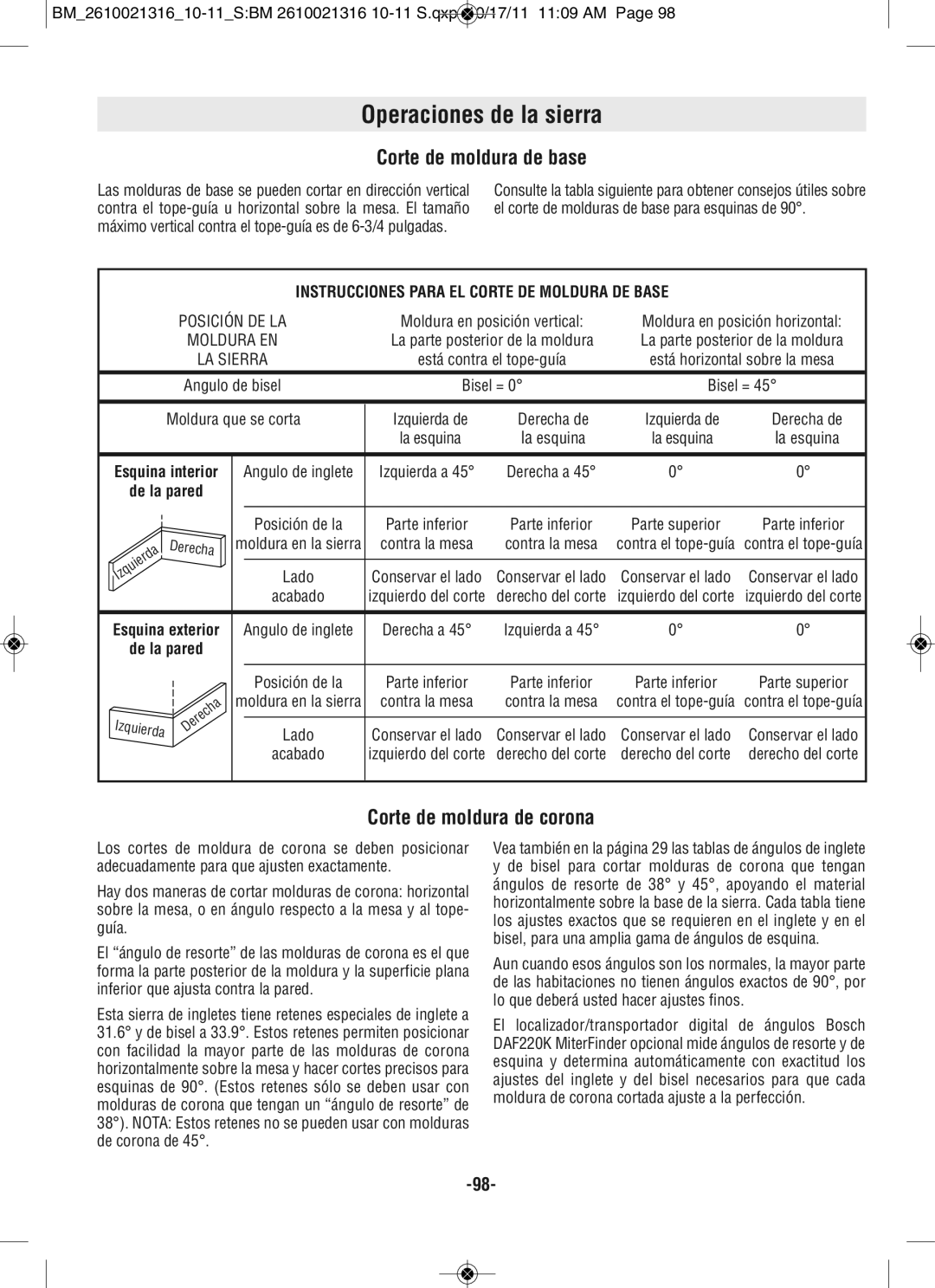 Bosch Power Tools CM12 manual Corte de moldura de base, Corte de moldura de corona, De la pared 