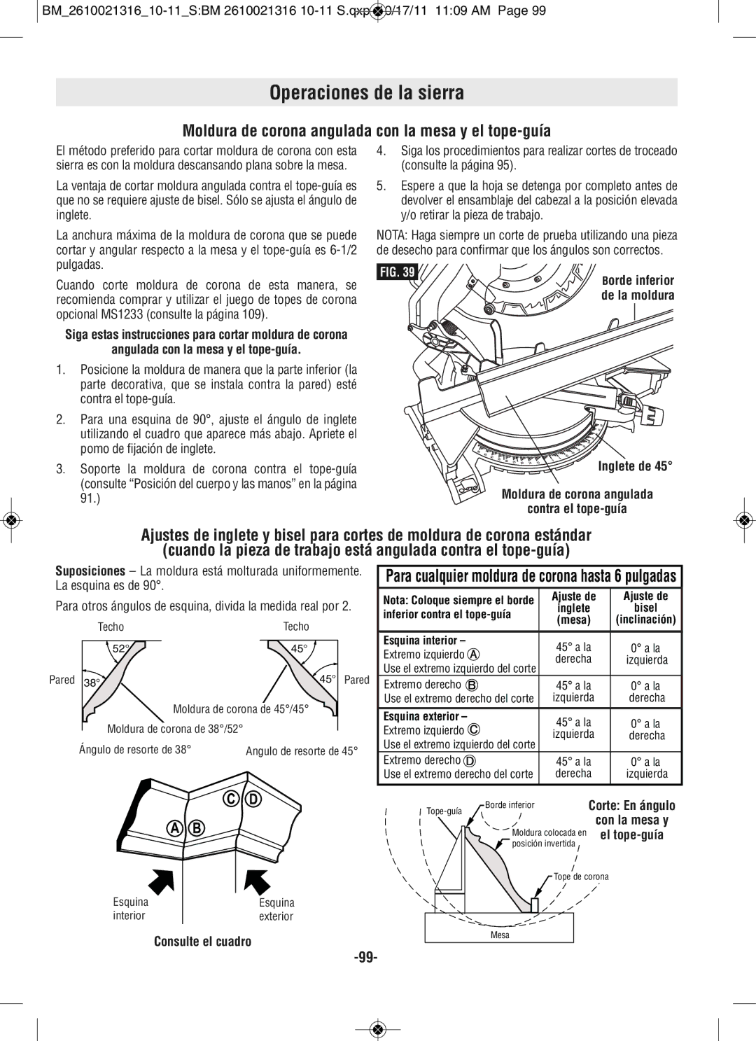 Bosch Power Tools CM12 manual Moldura de corona angulada con la mesa y el tope-guía, Angulada con la mesa y el tope-guía 