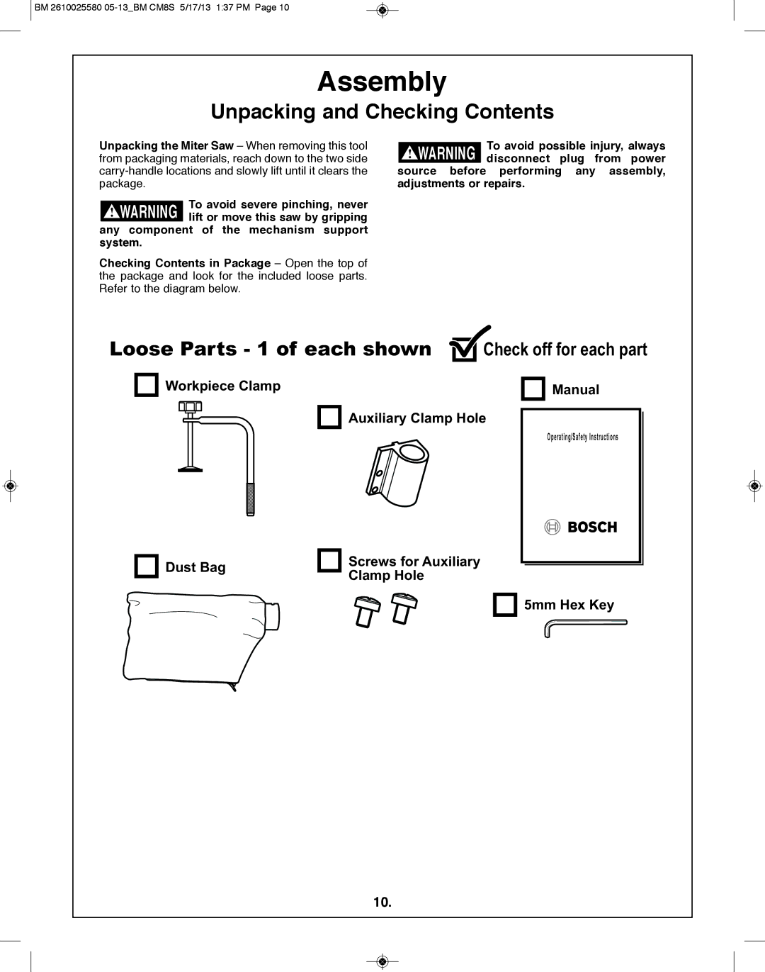 Bosch Power Tools CM8S manual Assembly, Unpacking and Checking Contents 