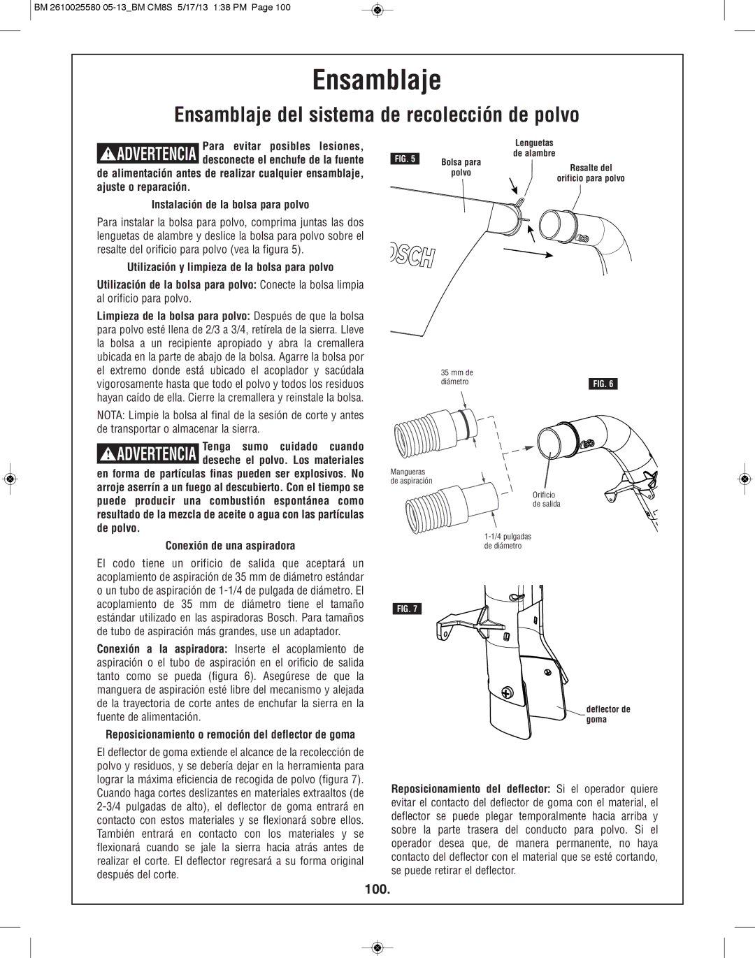 Bosch Power Tools CM8S manual Ensamblaje del sistema de recolección de polvo, 100 