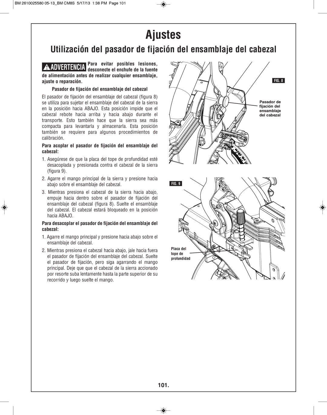 Bosch Power Tools CM8S manual Ajustes, 101, Mientras presiona el cabezal de la sierra hacia abajo 