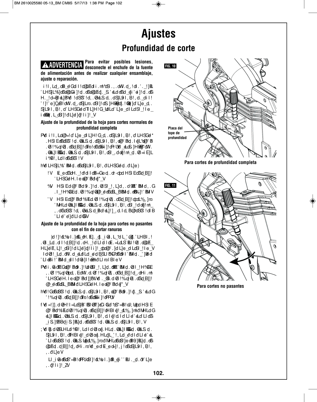 Bosch Power Tools CM8S manual Profundidad de corte, 102, Profundidad completa, Con el fin de cortar ranuras 