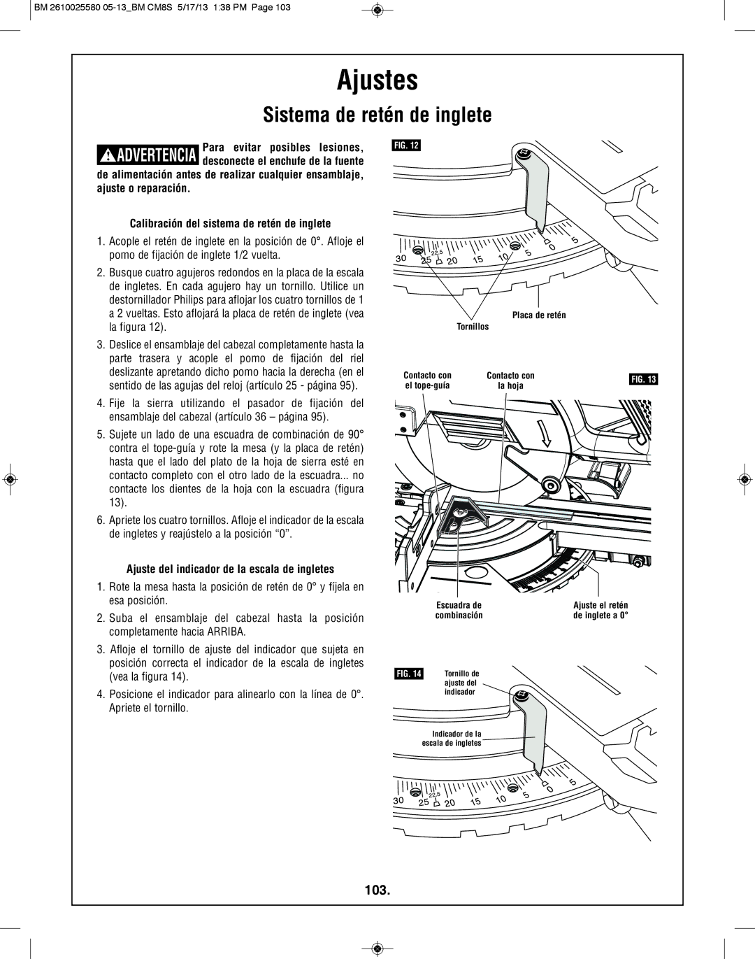 Bosch Power Tools CM8S manual Sistema de retén de inglete, 103, Ajuste del indicador de la escala de ingletes, Conta cting 