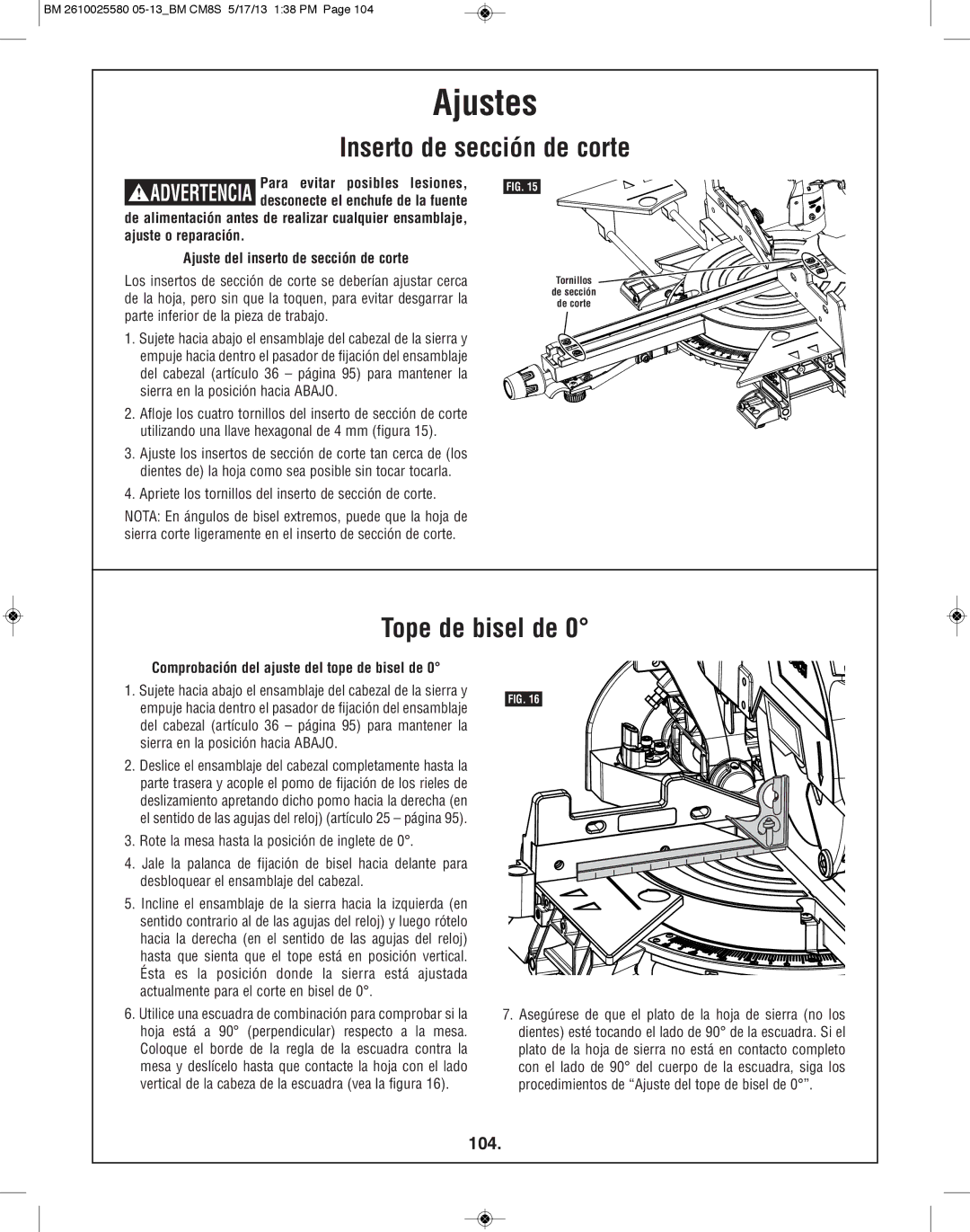 Bosch Power Tools CM8S Inserto de sección de corte, Tope de bisel de, 104, Comprobación del ajuste del tope de bisel de 