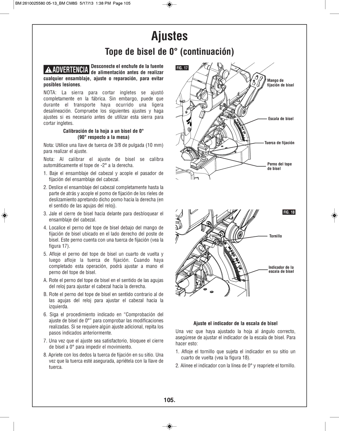 Bosch Power Tools CM8S manual Tope de bisel de 0 continuación, 105, Calibración de la hoja a un bisel de Respecto a la mesa 