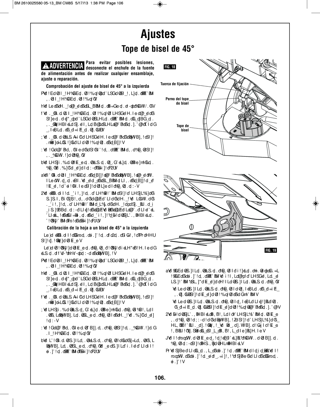 Bosch Power Tools CM8S manual 106, Comprobación del ajuste de bisel de 45 a la izquierda 