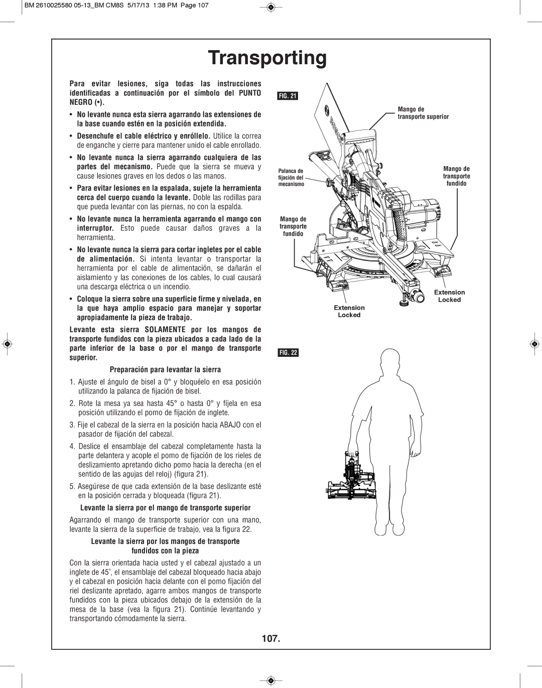 Bosch Power Tools CM8S manual 107, Levante la sierra por el mango de transporte superior 