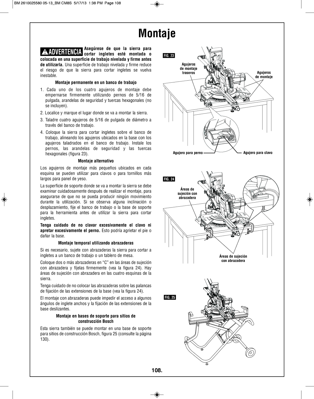 Bosch Power Tools CM8S manual 108, Montaje alternativo 