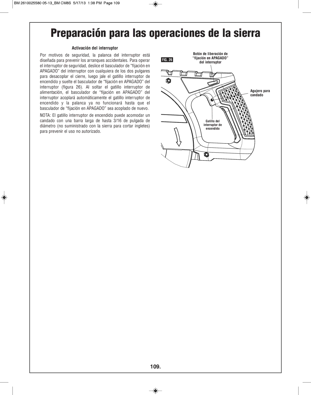 Bosch Power Tools CM8S manual Preparación para las operaciones de la sierra, 109, Activación del interruptor 