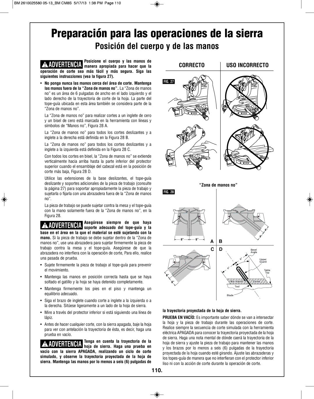 Bosch Power Tools CM8S manual Posición del cuerpo y de las manos, 110, Zona de manos no 