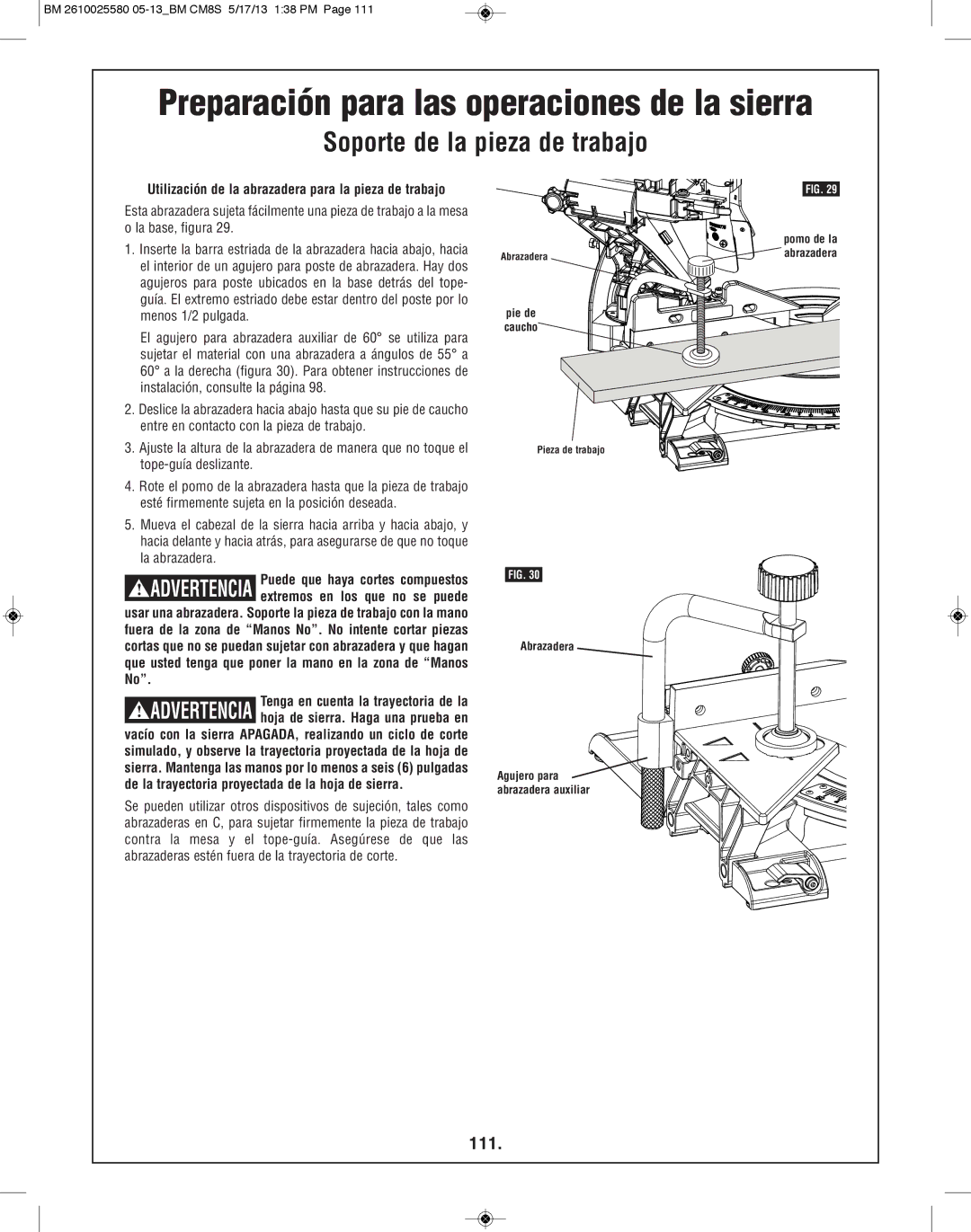 Bosch Power Tools CM8S manual Soporte de la pieza de trabajo, 111, Utilización de la abrazadera para la pieza de trabajo 