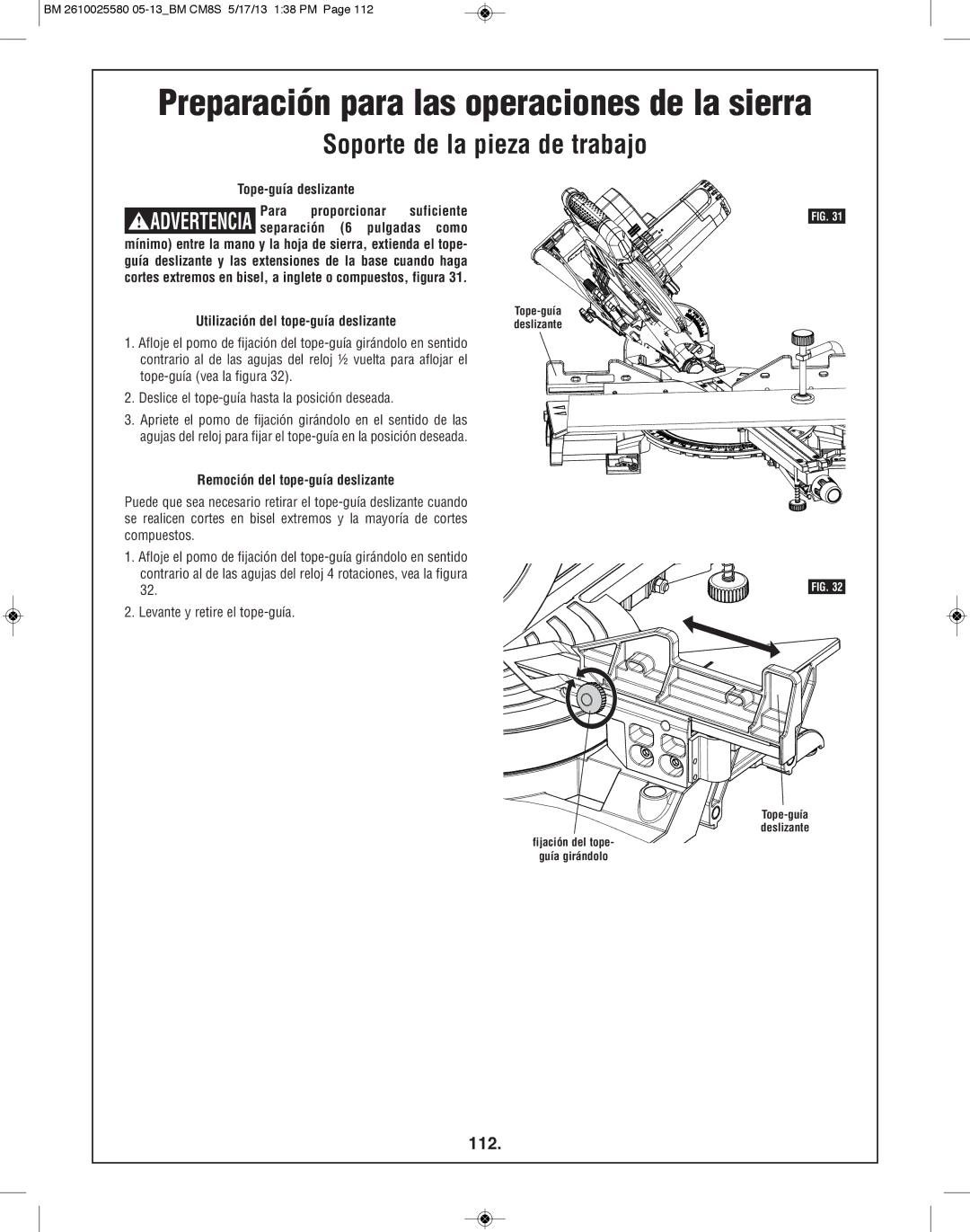 Bosch Power Tools CM8S manual 112, Tope-guía deslizante Para proporcionar suficiente, Separación 6 pulgadas como 