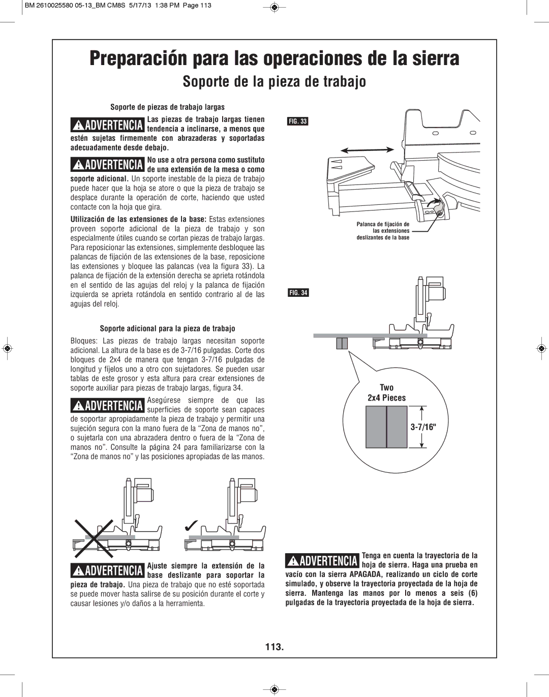 Bosch Power Tools CM8S manual 113, Soporte de piezas de trabajo largas, Soporte adicional para la pieza de trabajo 