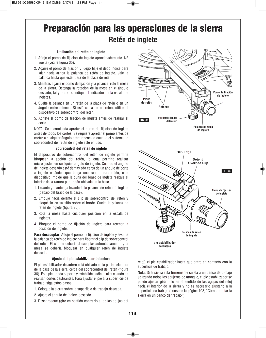 Bosch Power Tools CM8S manual Retén de inglete, 114, Utilización del retén de inglete, Sobrecontrol del retén de inglete 