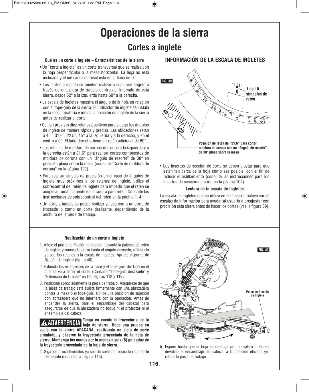 Bosch Power Tools CM8S manual Cortes a inglete, 116, Lectura de la escala de ingletes, Realización de un corte a inglete 