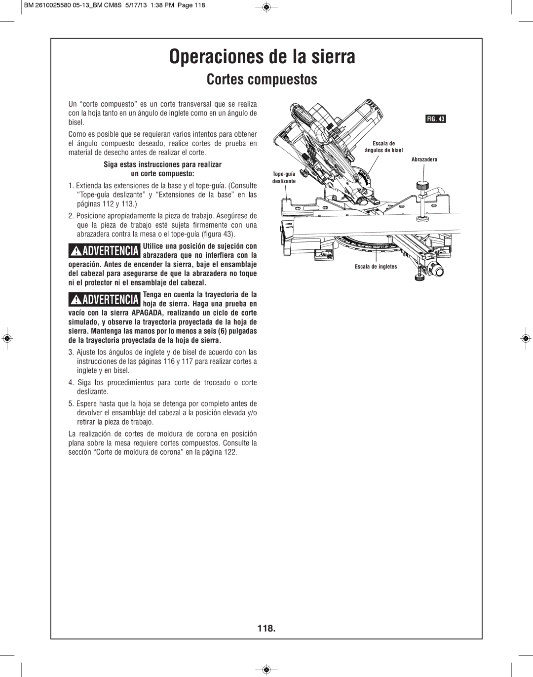 Bosch Power Tools CM8S manual Cortes compuestos, 118, Siga estas instrucciones para realizar Un corte compuesto 