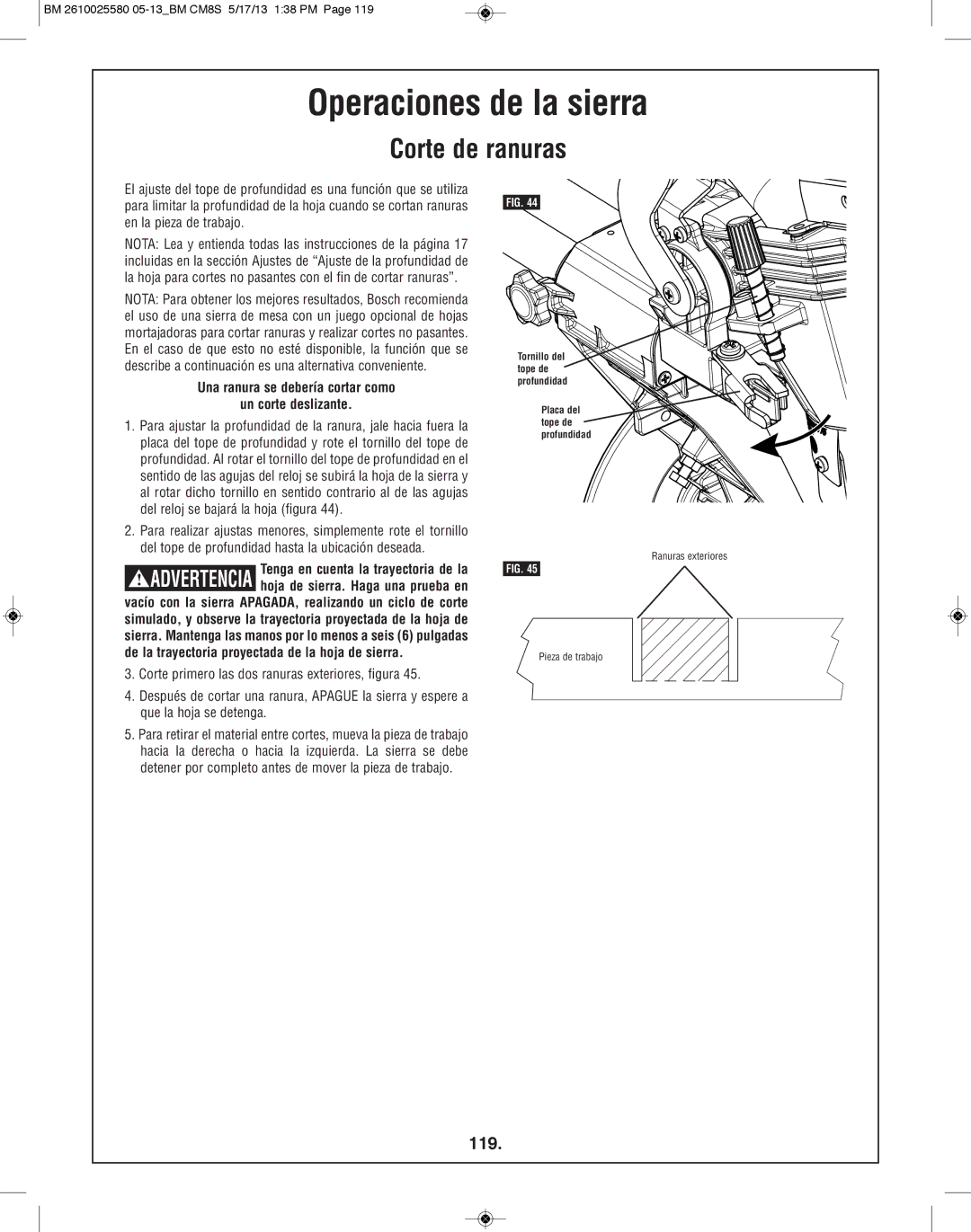 Bosch Power Tools CM8S manual Corte de ranuras, 119, Una ranura se debería cortar como Un corte deslizante 