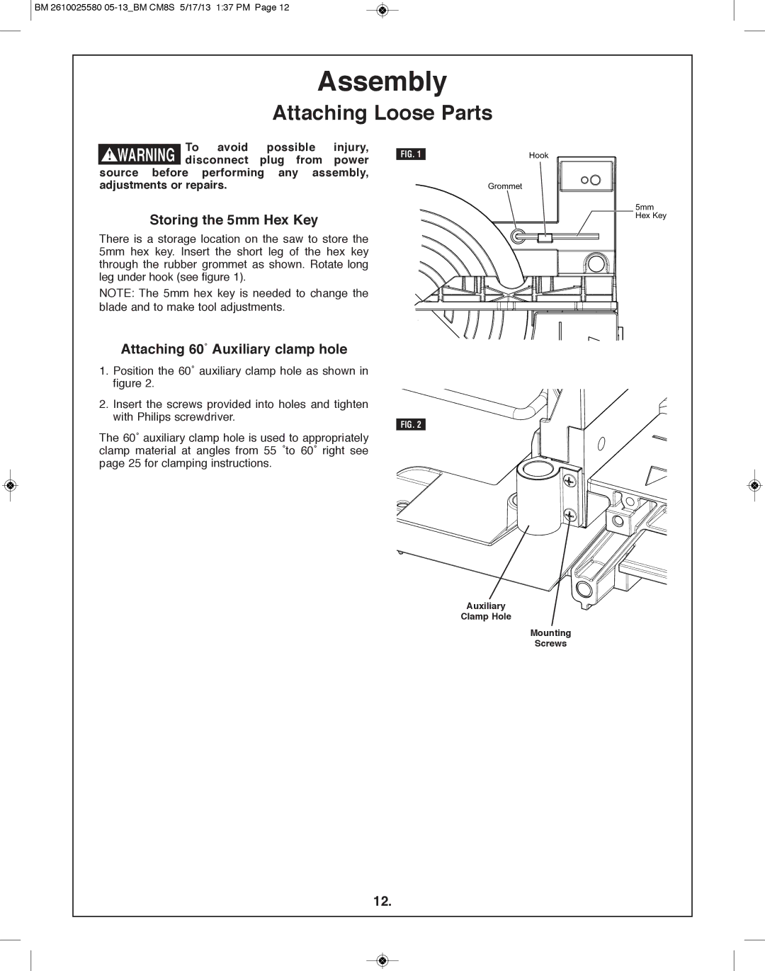 Bosch Power Tools CM8S manual Attaching loose parts, Storing the 5mm Hex Key, Attaching 60˚ Auxiliary clamp hole 