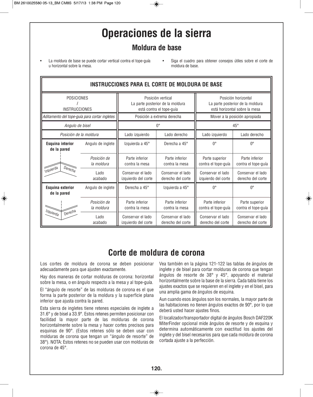 Bosch Power Tools CM8S manual Corte de moldura de corona, 120 