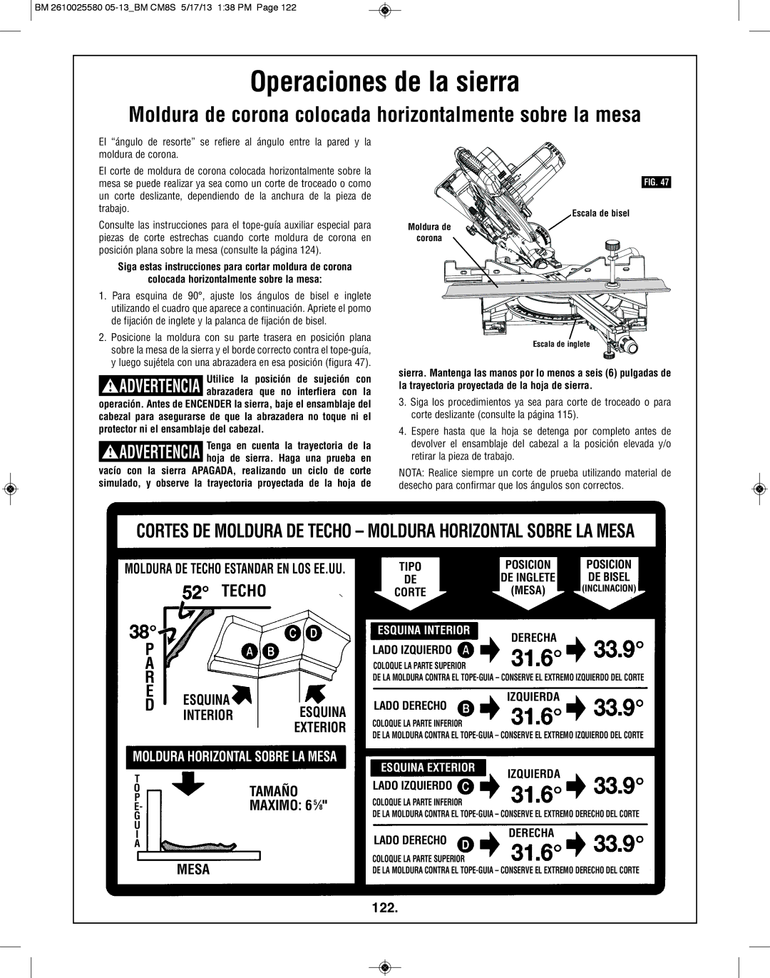 Bosch Power Tools CM8S manual Moldura de corona colocada horizontalmente sobre la mesa, Maximo 6 ⁄, 122 