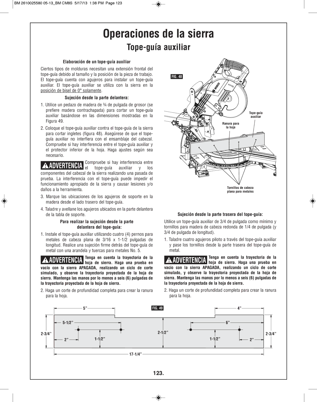 Bosch Power Tools CM8S Tope-guía auxiliar, 123, Elaboración de un tope-guía auxiliar, Sujeción desde la parte delantera 