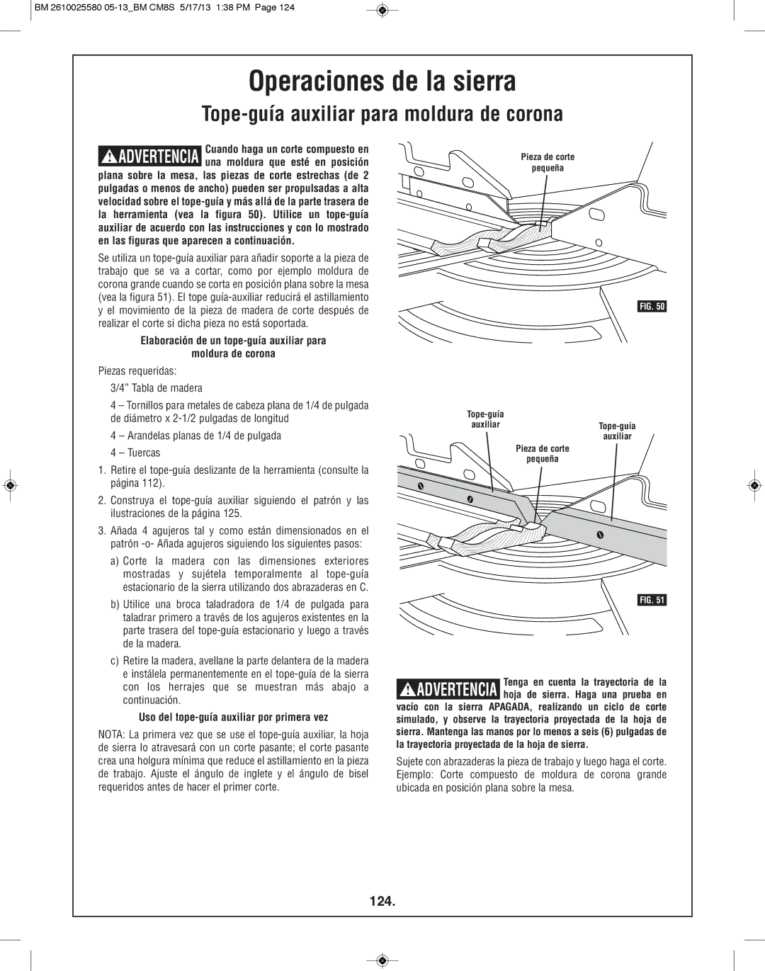 Bosch Power Tools CM8S manual Tope-guía auxiliar para moldura de corona, 124, Uso del tope-guía auxiliar por primera vez 