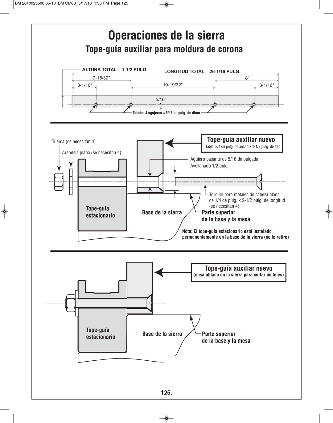 Bosch Power Tools CM8S manual 125, Tuerca se necesitan, Se necesitan, Base de la sierra 