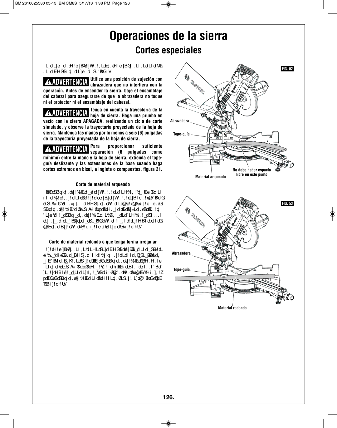 Bosch Power Tools CM8S manual Cortes especiales, 126, Corte de material arqueado 