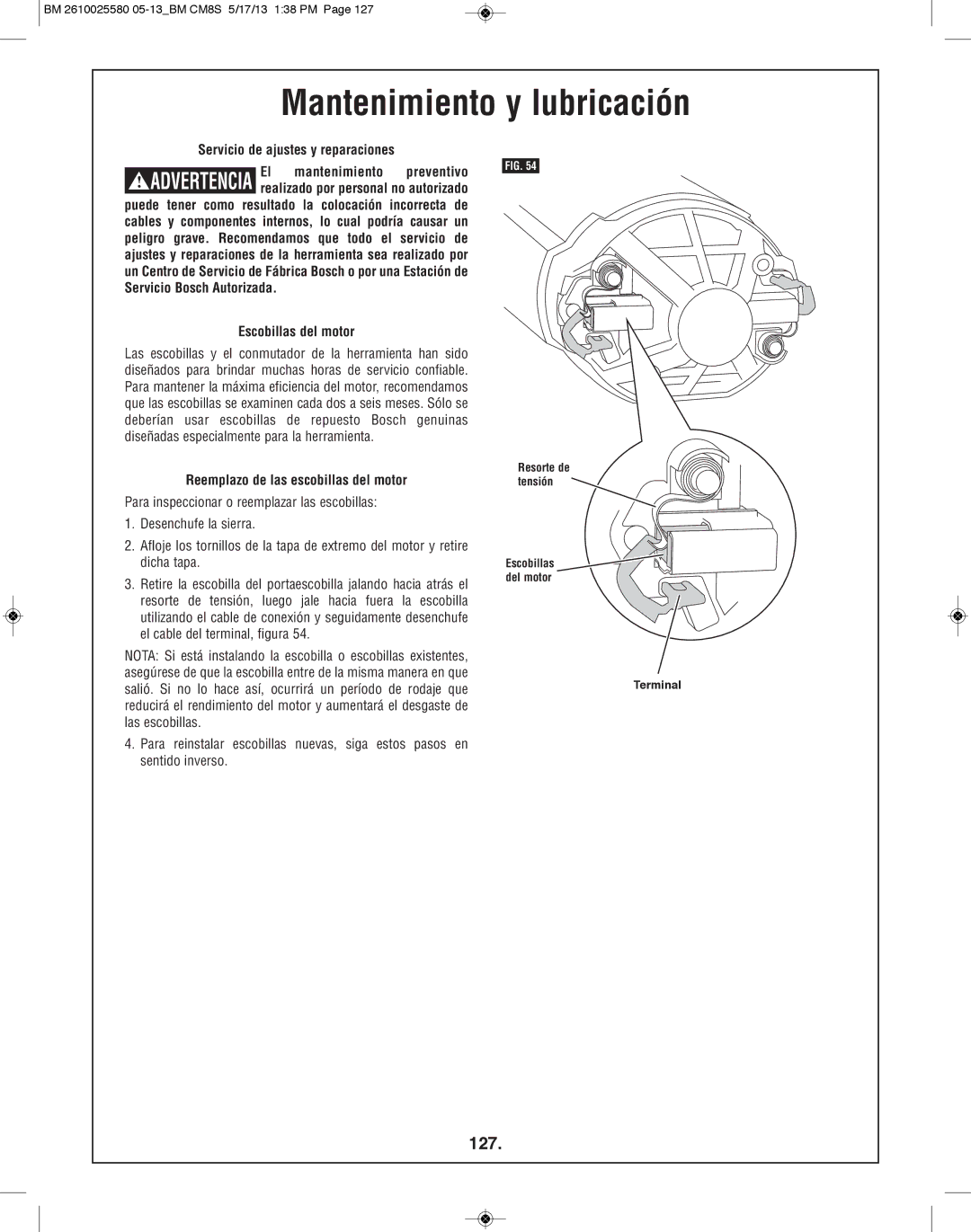 Bosch Power Tools CM8S manual Mantenimiento y lubricación, 127, Servicio de ajustes y reparaciones, Escobillas del motor 