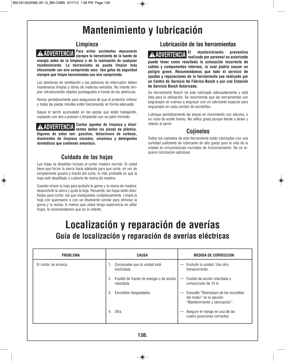 Bosch Power Tools CM8S Localización y reparación de averías, Guía de localización y reparación de averías eléctricas, 128 