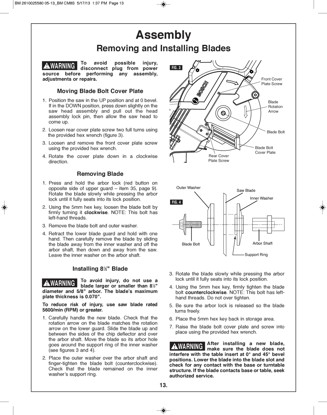 Bosch Power Tools CM8S manual Removing and Installing Blades, Moving Blade Bolt Cover plate, Removing Blade 