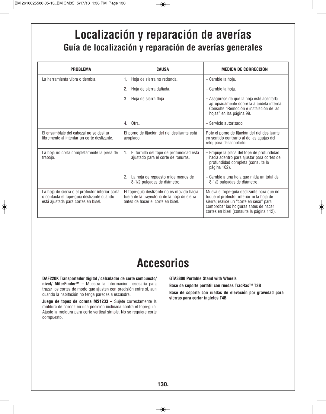 Bosch Power Tools CM8S manual Accesorios, 130 