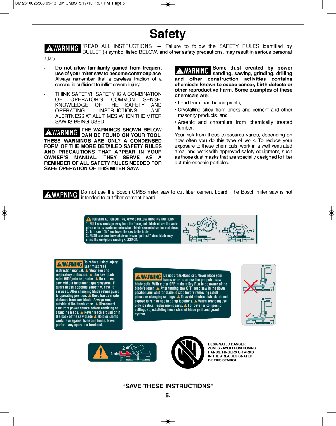 Bosch Power Tools CM8S manual Safety 