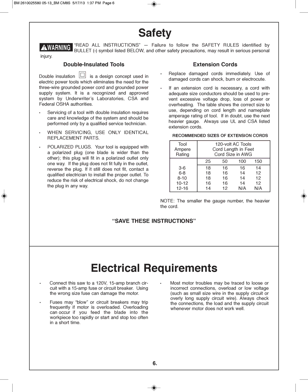 Bosch Power Tools CM8S manual Electrical Requirements, Double-Insulated Tools, Extension Cords 