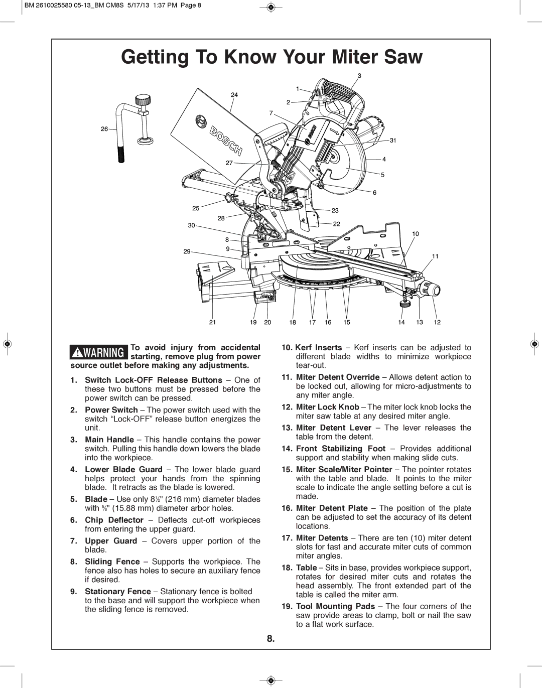 Bosch Power Tools CM8S manual Getting To Know Your Miter Saw 