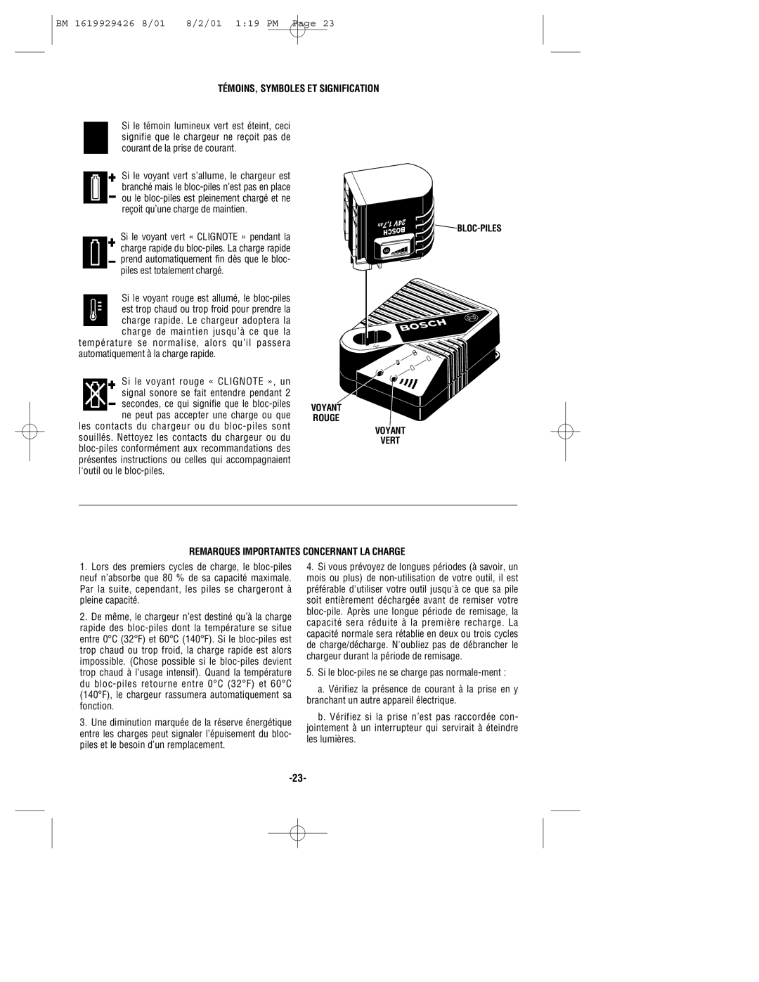 Bosch Power Tools cordless hammer manual TÉMOINS, Symboles ET Signification, Remarques Importantes Concernant LA Charge 