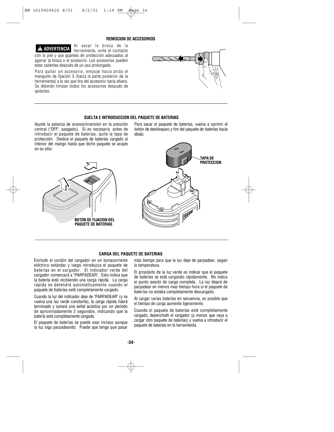 Bosch Power Tools cordless hammer manual Remocion DE Accesorios, Suelta E Introduccion DEL Paquete DE Baterias 