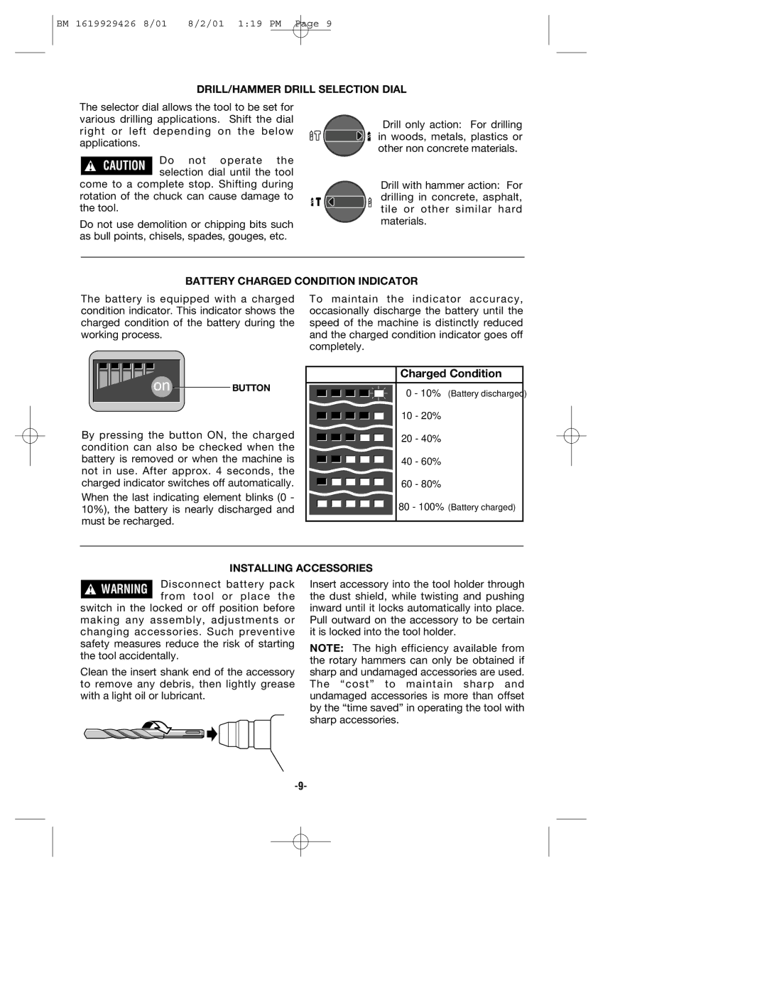 Bosch Power Tools cordless hammer manual DRILL/HAMMER Drill Selection Dial, Battery Charged Condition Indicator 