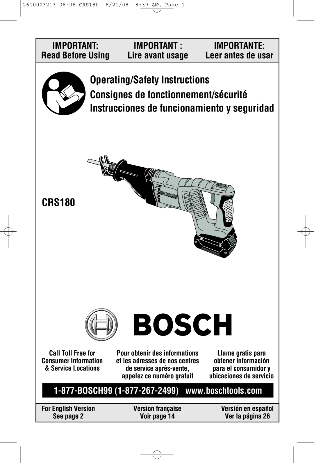 Bosch Power Tools CRS180 manual Read Before Using 