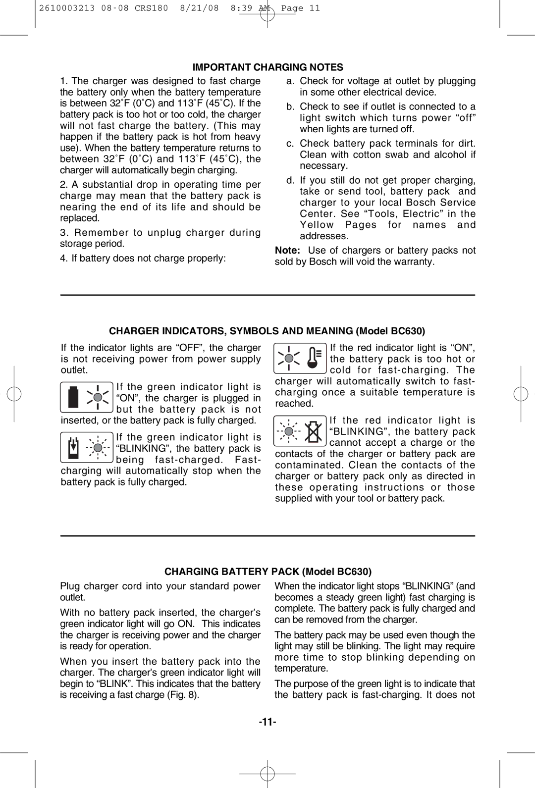 Bosch Power Tools CRS180 manual Important Charging Notes, Charger INDICATORS, Symbols and Meaning Model BC630 