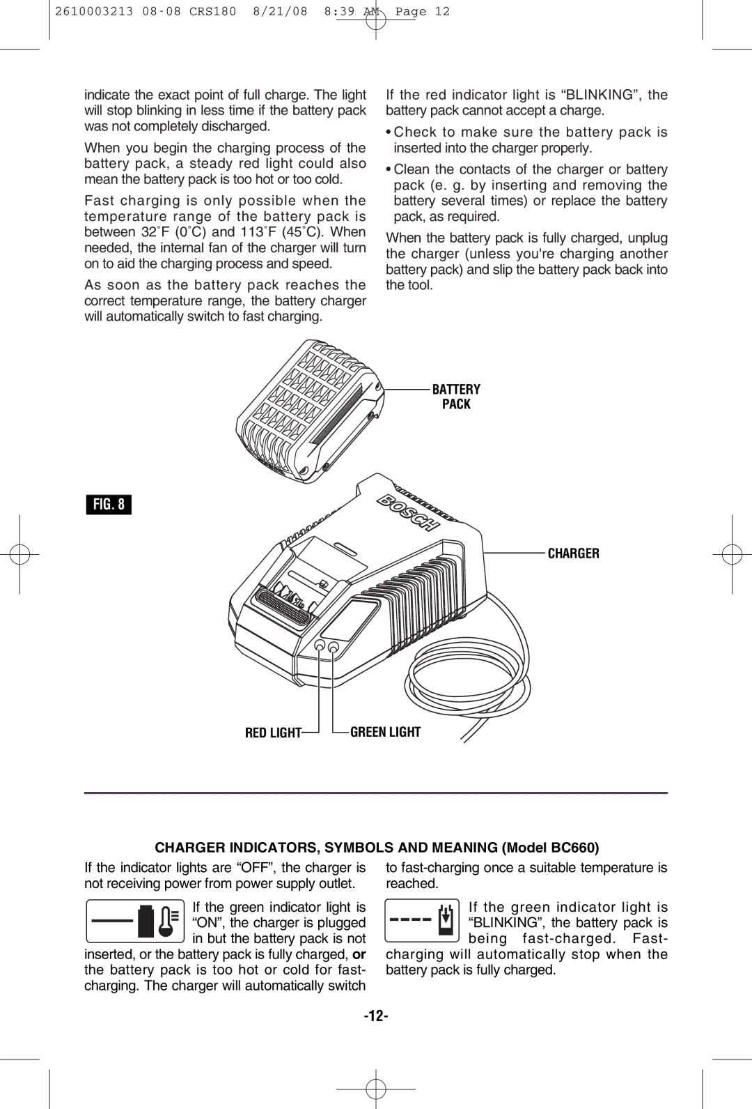 Bosch Power Tools CRS180 manual RED Light Charger Green Light, Charger INDICATORS, Symbols and Meaning Model BC660 