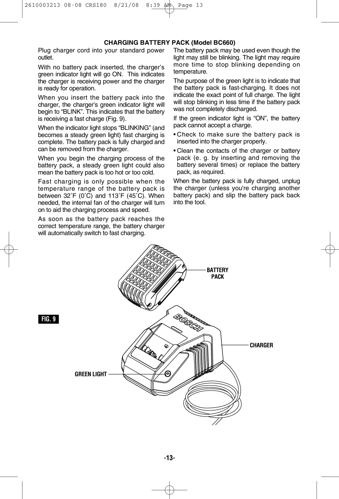 Bosch Power Tools CRS180 manual Charging Battery Pack Model BC660, Battery Pack Charger Green Light 