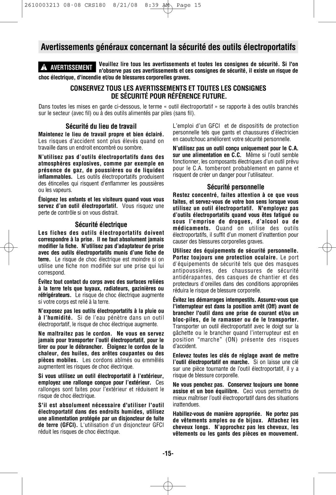 Bosch Power Tools CRS180 manual Sécurité du lieu de travail, Sécurité électrique, Sécurité personnelle 